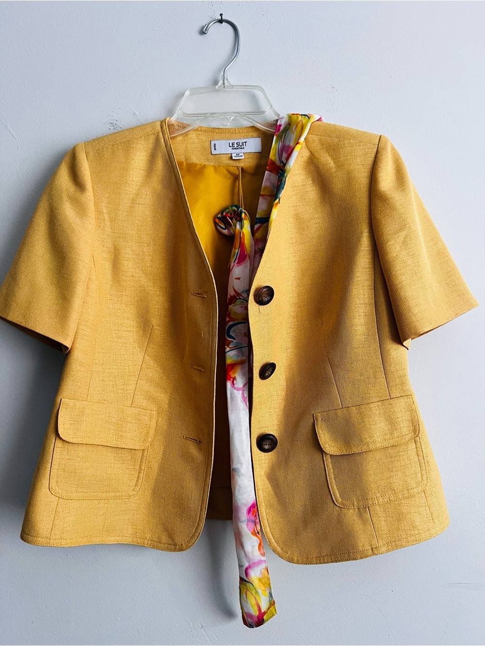 Le Suit Yellow Short Sleeve Jacket with Floral Trim